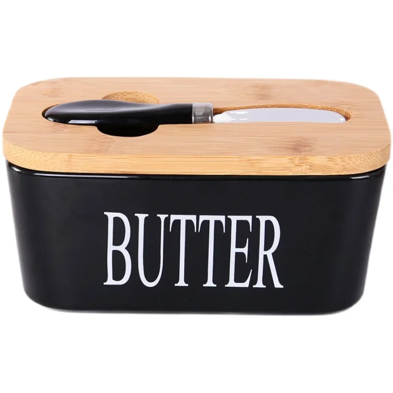 Wooden Cover Ceramic Butter Box Spatula Knife Sealed Fresh Butter Box Rectangular Kitchen Storage