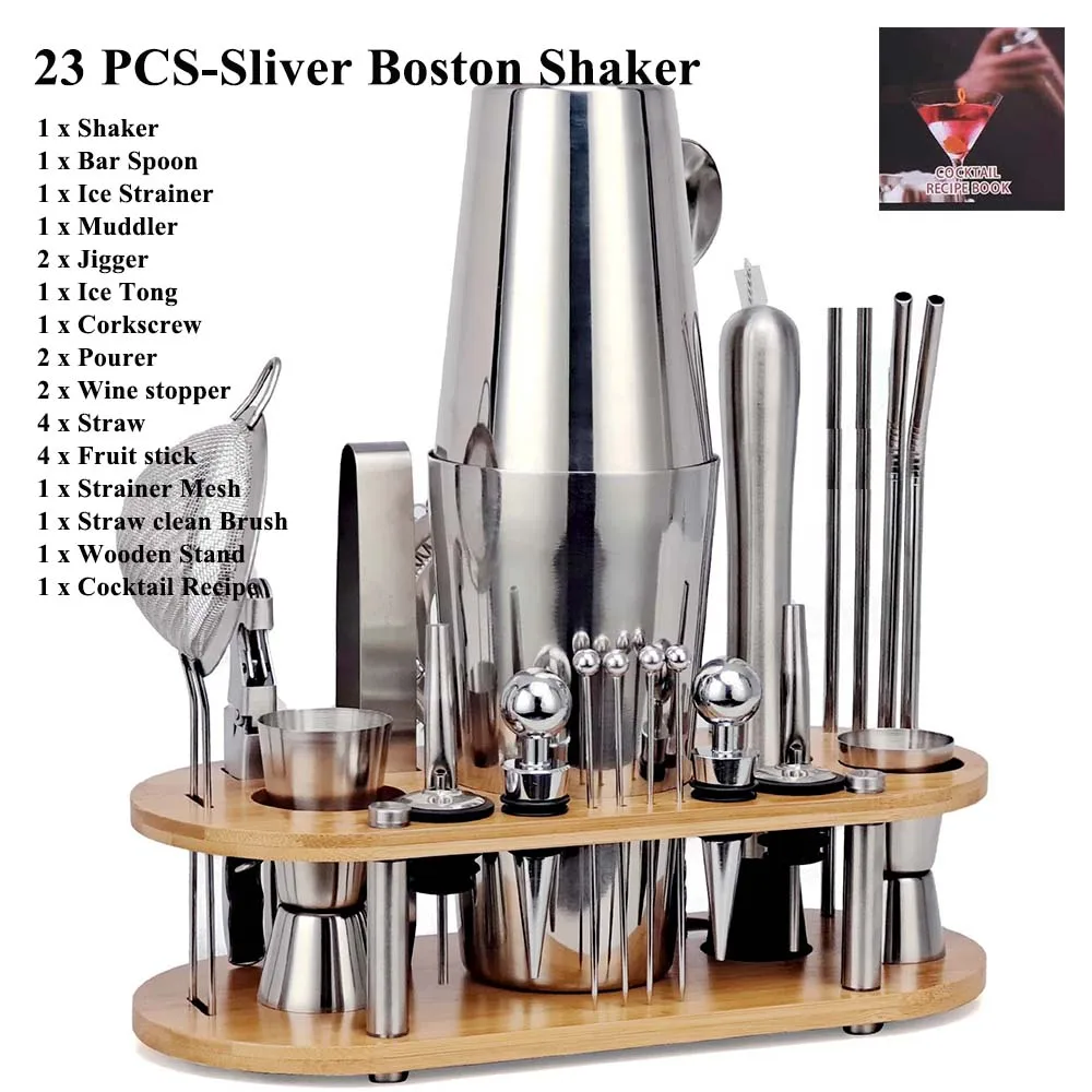 Set Shaker Per Cocktail 16 Pezzi In Acciaio Inox SS304 – Kit Da Barista Completo Con Jigger, Cucchiaio, Colino E Pinza
