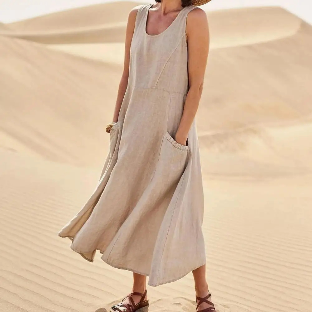 

Solid Color Dress Stylish Women's A-line Midi Dress with Pockets Soft Breathable Summer Sundress for Daily Wear Sleeveless O