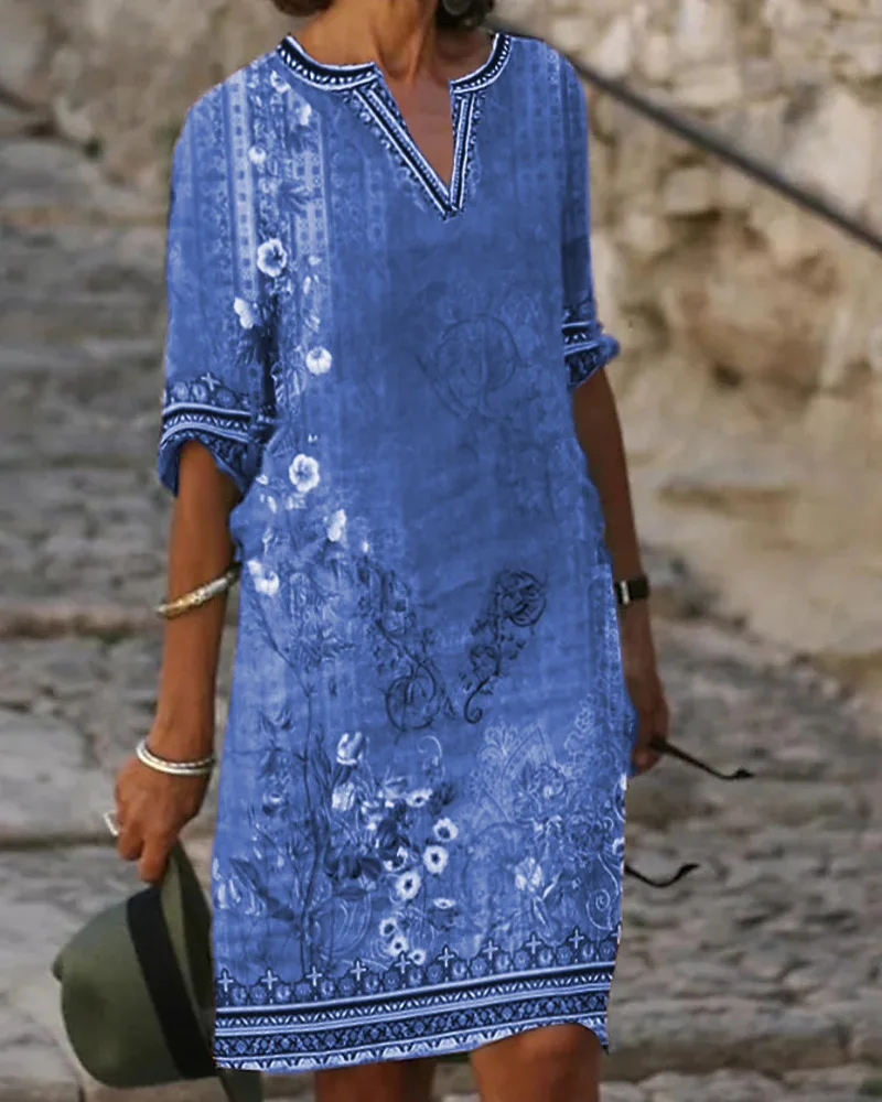 

Floral Printing Dress for Women 2023 New Fashion V Neck Short Sleeve Summer Dresses Vintage Casual Loose Chic Dress