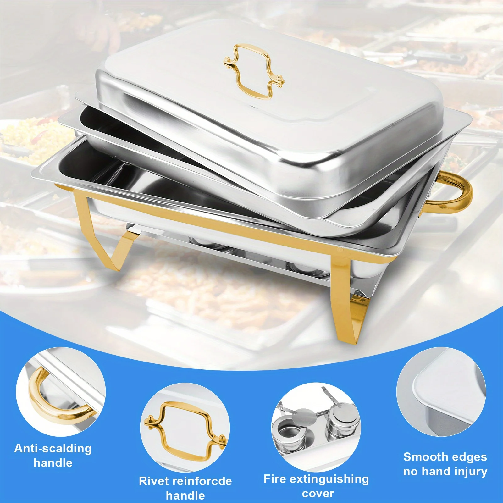 8pcs 9QT Golden Stainless Steel Chafing Dishes for Buffet 4