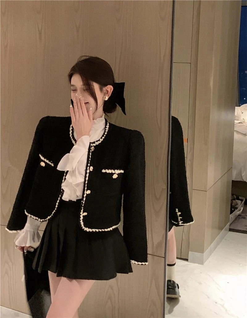 Vintage Tweed Jackets Women Elegant Black Cropped Suit Coat Korean Thicken Blazer Single Breasted Short Outerwear Tops New