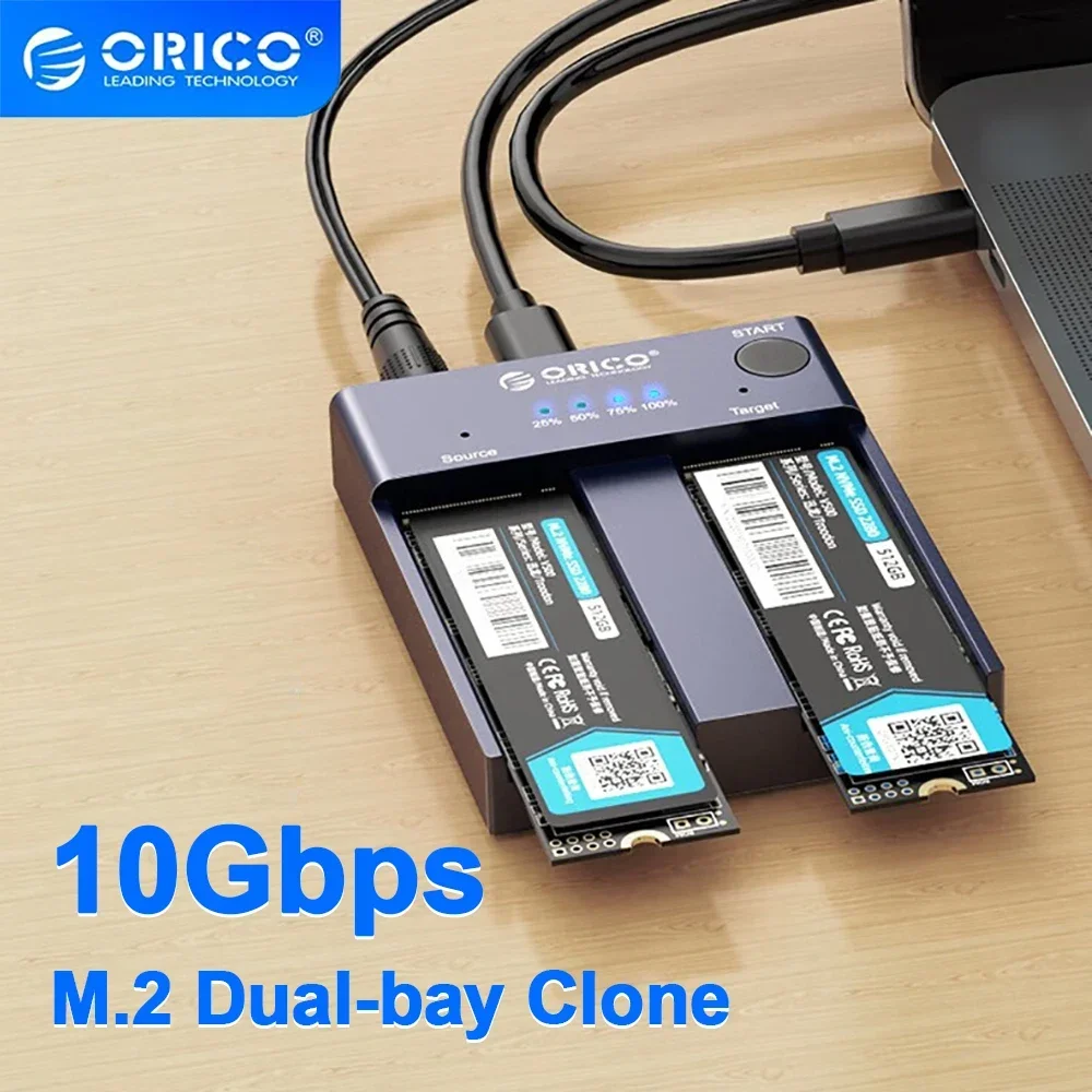 

ORICO Dual Bay M.2 NVMe SSD Enclosure Offline Clone 10Gbps USB C Gen2 External Case Hard Drive Disk Port Copy Storage Box Copier