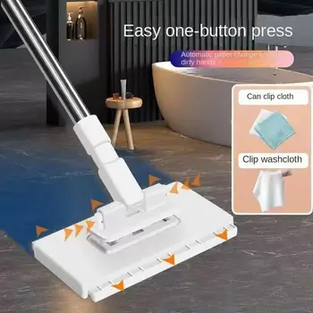 Reusable Dusting Mop With 4Pcs Mop Cloths Detachable Push-button Face Towel Clip Dusting Mop 100cm Cleaner Dust Removal Equipment Cleaning Tool for House Wall Bathroom Toilet Corners Cleaning 1