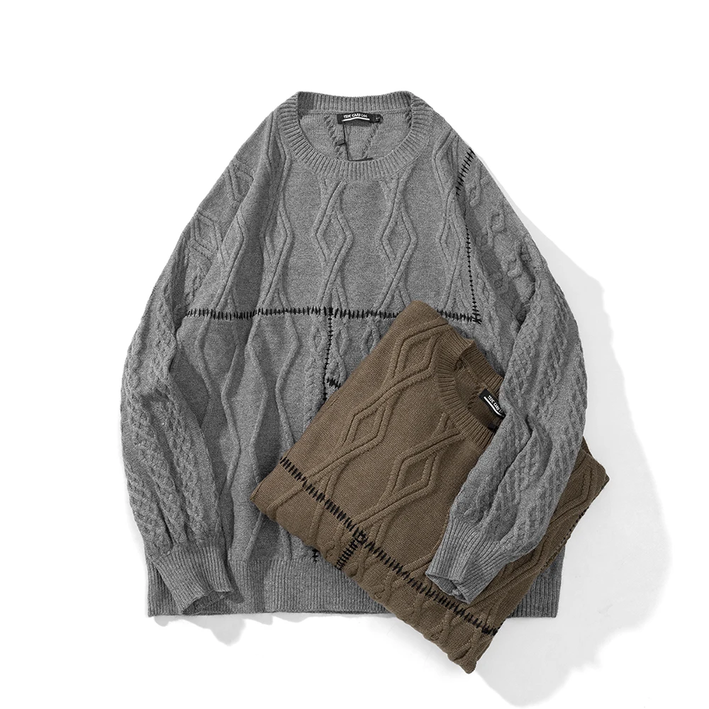 

Harajuku Vintage Solid Color Twists Jacquard Ropa Hombre Knitted Sweater Unisex Y2K Baggy Crew Neck Oversized Woolen Clothes
