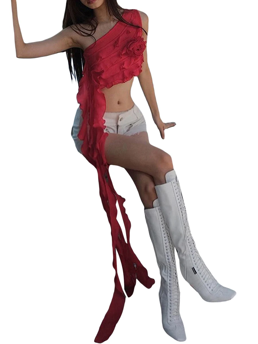 

FeMereina Y2K Débardeur à volants de fleurs 3D pour femme - Transparent - Une épaule - Dos nu - Pompons floraux - Y2K