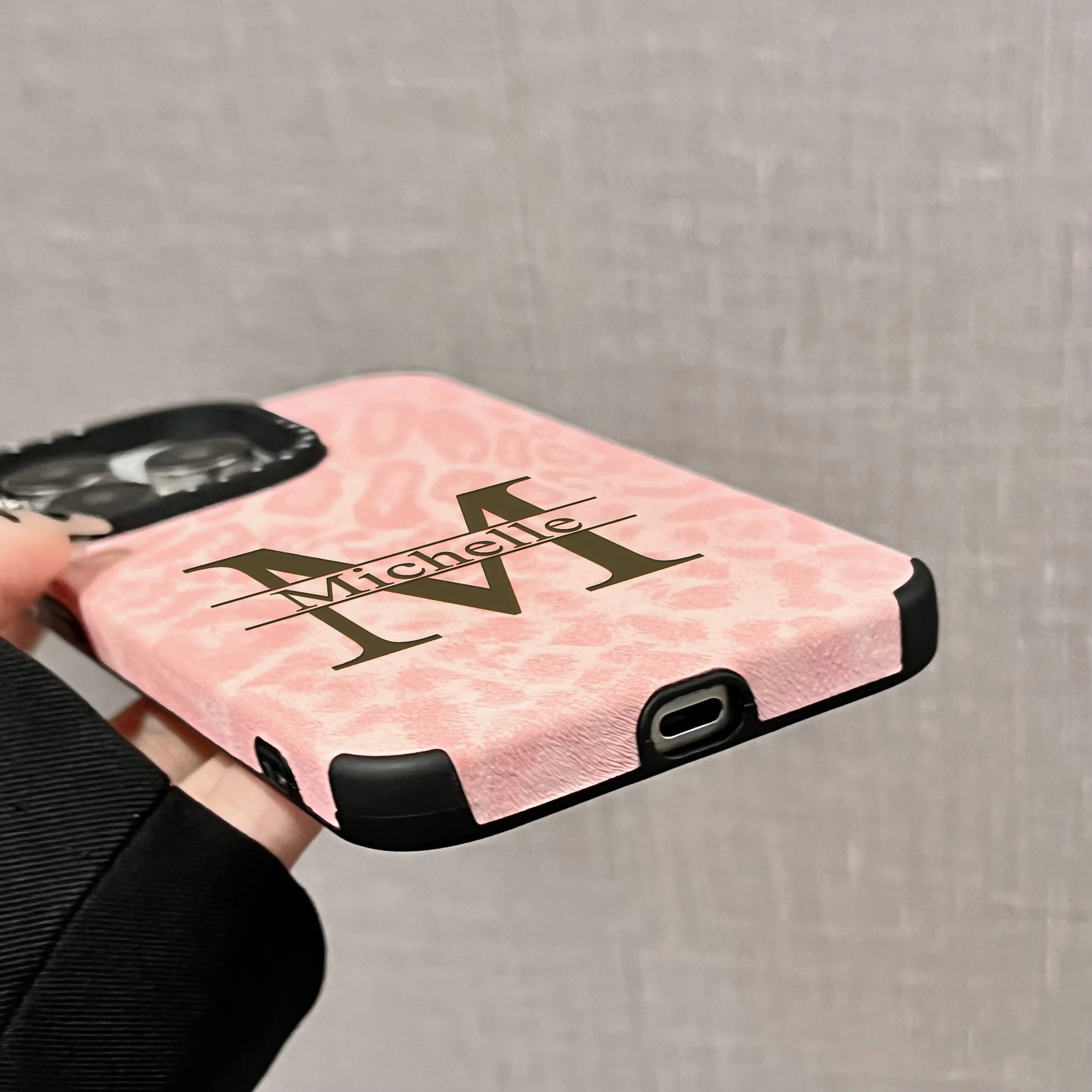 Customized Pink Leopard Synthetic Leather Phone Case with Personalized Name Cover
