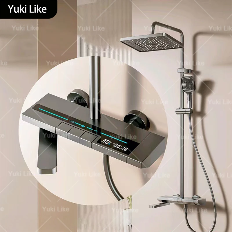 ชุดฝักบัวดิจิตอลสีเทา Gunmetal พร้อมระบบปรับแรงดันน้ำร้อนน้ำเย็นสำหรับห้องน้ำในบ้าน ชุดระบบฝักบัวพร้อมก๊อกน้ำอ่างอาบน้ำ 1