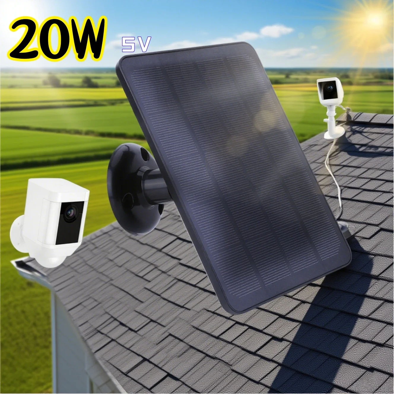 4/5W 5V Solar Panel for Ring Spotlight Camera Stick Up Camera DC3.5x1.35-port 360° Stick Up Camera Adjustable Wall Mount Solar P