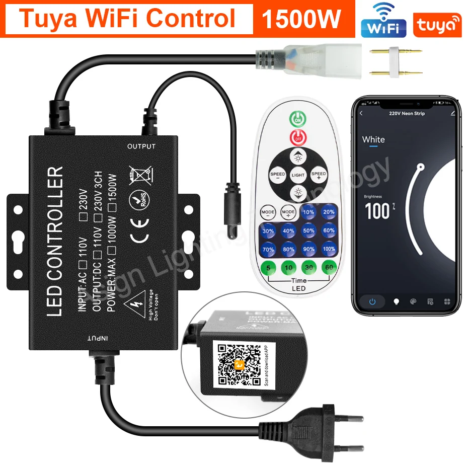 750W 1500W LED Strip Controller 220V 2Pin for 5050 Single Color LED Neon Strip with 23Keys IR Remote Control Bluetooth Tuya WiFi wifi remote high temperature digital thermostat k type thermocouple high temperature controller 99 999 degree dc 220v 1500w 12v