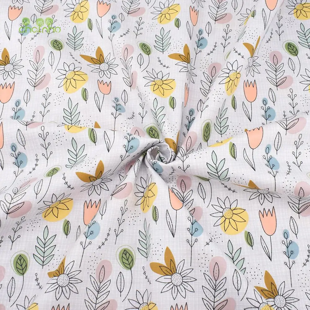 Chainho,Printed Twill Cotton Fabric,Patchwork Cloth,DIY Sewing & Quilting Material,Gray Floral Series,6 Designs,2 Sizes,CC061
