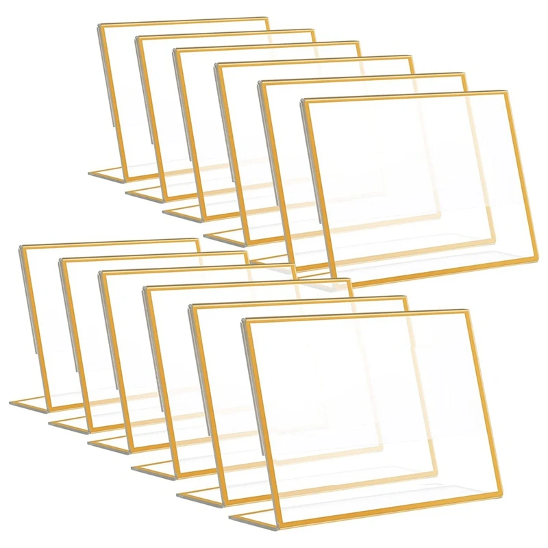

12PCS Gold Frame Acrylic Sign Holder Wedding Table Number Holder Slanted Menu Double Sided Stand, 4X6inch