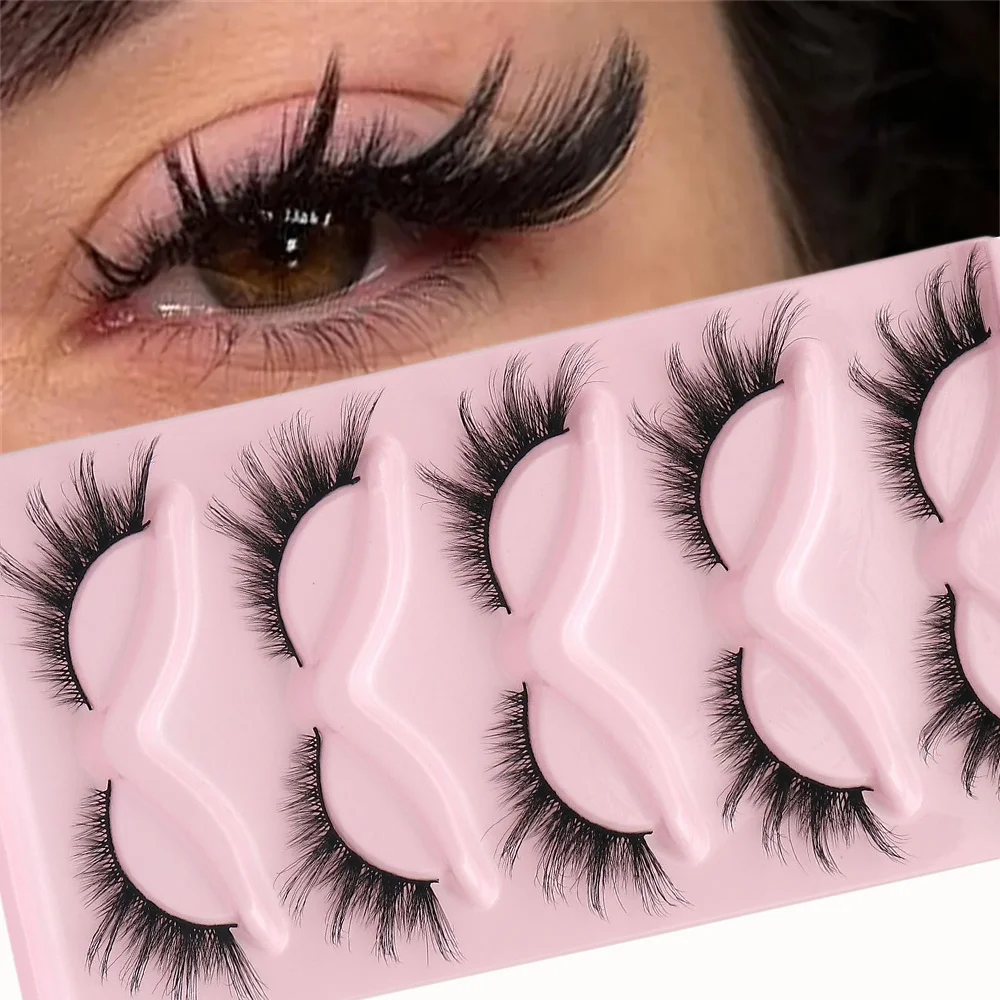 5 Paar hypoallergene Cat-Eye-Kunstwimpern – natürlicher Look, flauschig und weich, leichte, kreuzgestreifte Wimpern mit vollem Streifen