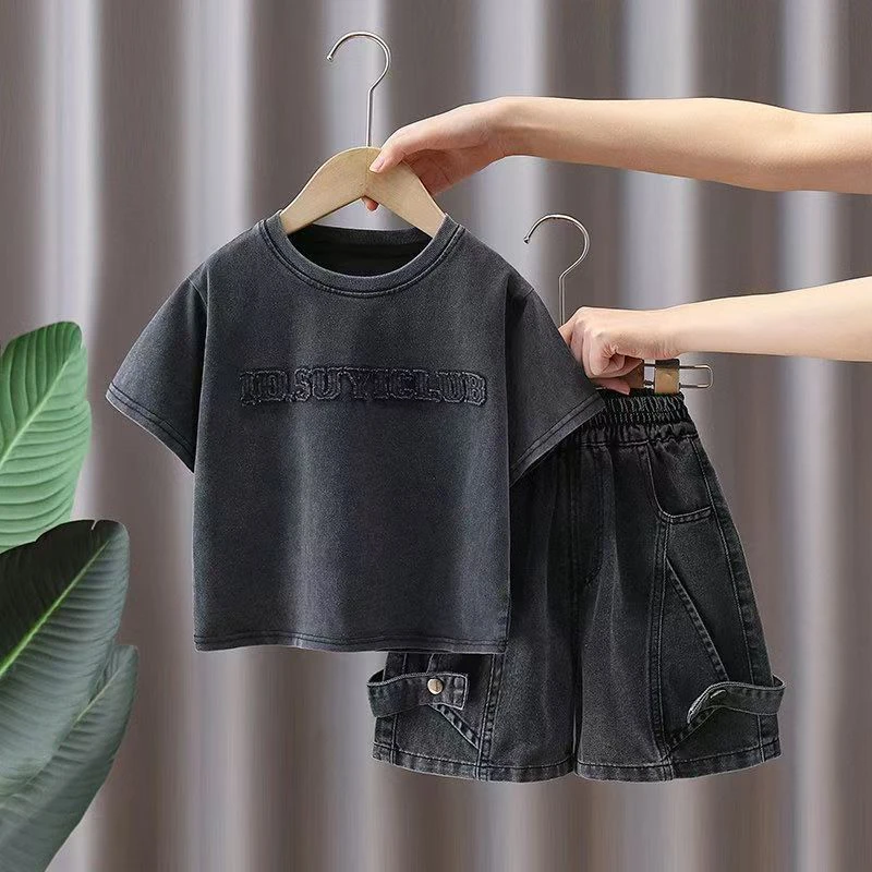Toddler Boys 2Pcs Summer Outfits Letter Short Sleeve T-Shirt Washed Denim Shorts Set Kids Boys Casual Streetwear Clothes 2-6Year 1