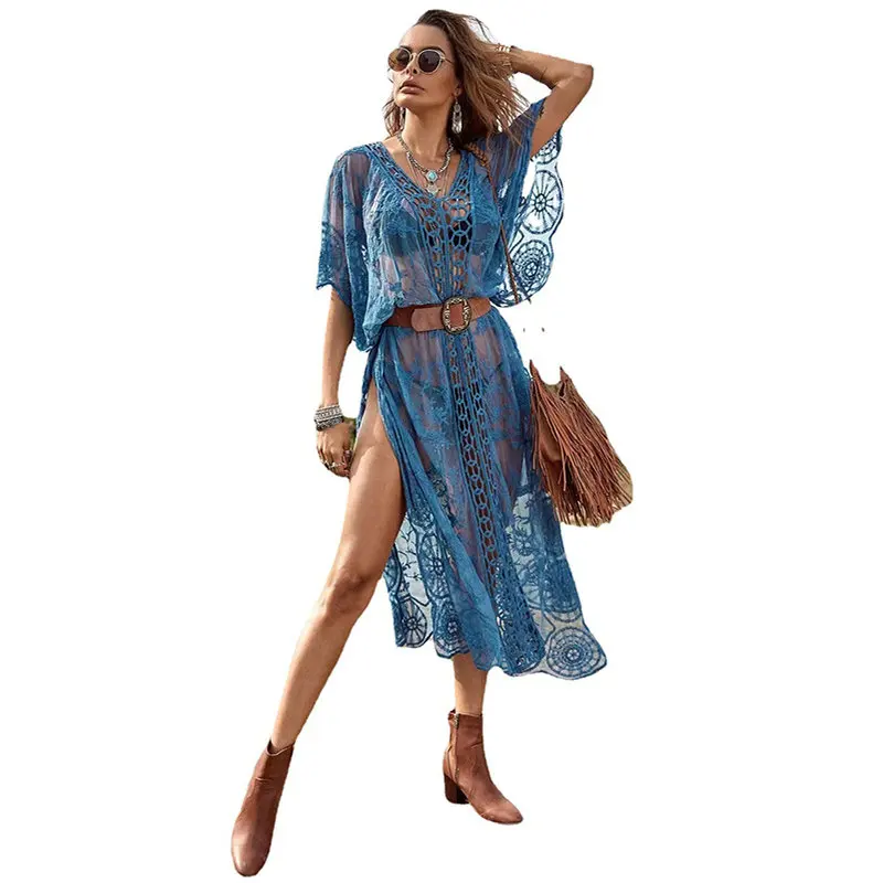 Crochet Cover Ups Women Summer 2023 Bikini Beach Dress Holiday Long Robes Lace Hollow Out Side High Split Maxi Vestidos