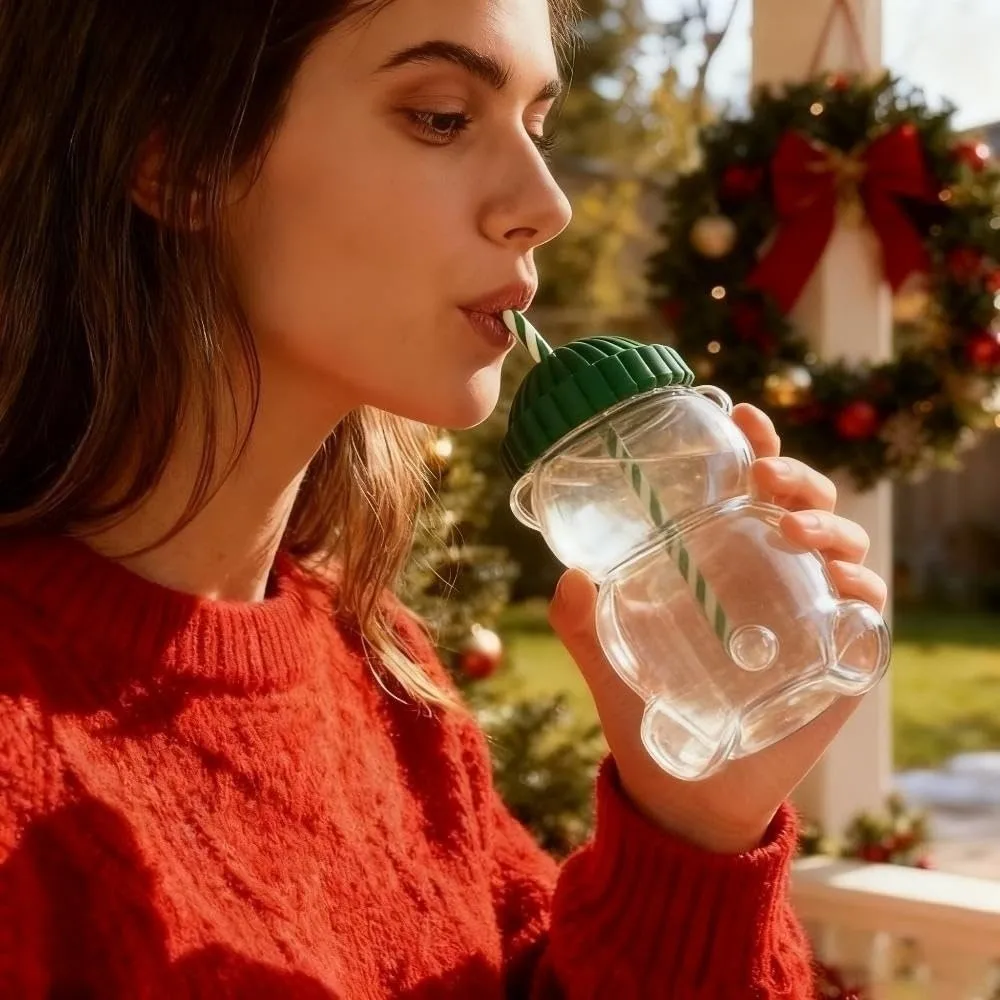 Cute 2025 Bear Glass Cup Transparent Large Capacity Teddy Bear Glass Cup with Lid Bear Straw Cup Parties