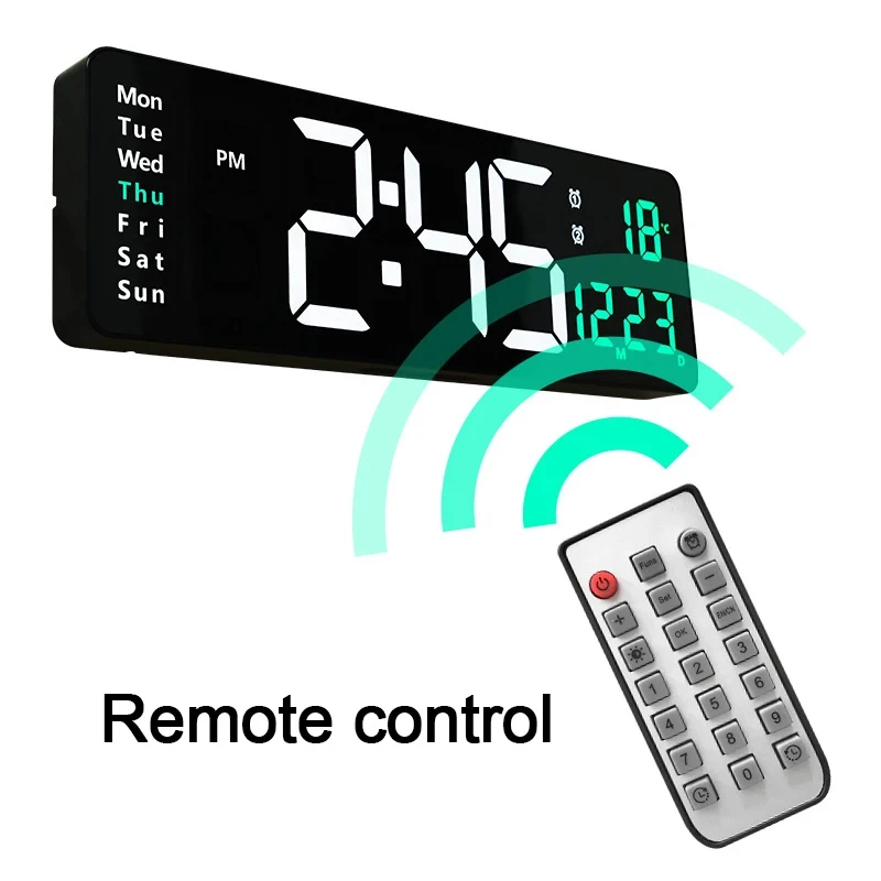 16 Inches Large Digital Wall Clock Wall Mounted Remote Control Temperature Date Week Display Dual Alarms LED Alarm Clocks 2