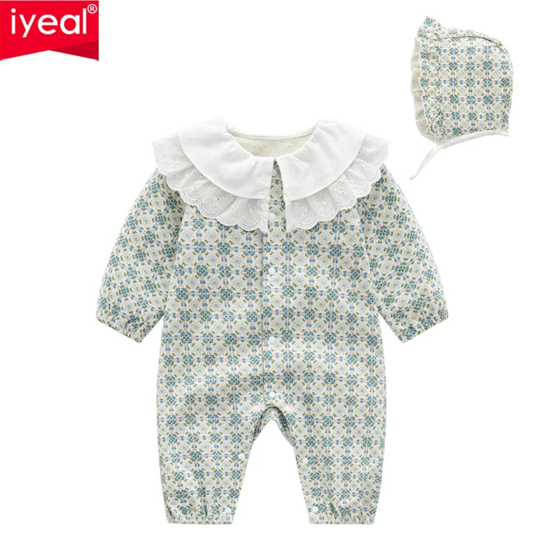 

IYEAL Baby Girl Patchwork Lace Hollow Out Peter Pan Collar Romper With Headband Pure Cotton Kids Newborn Girls Outfits