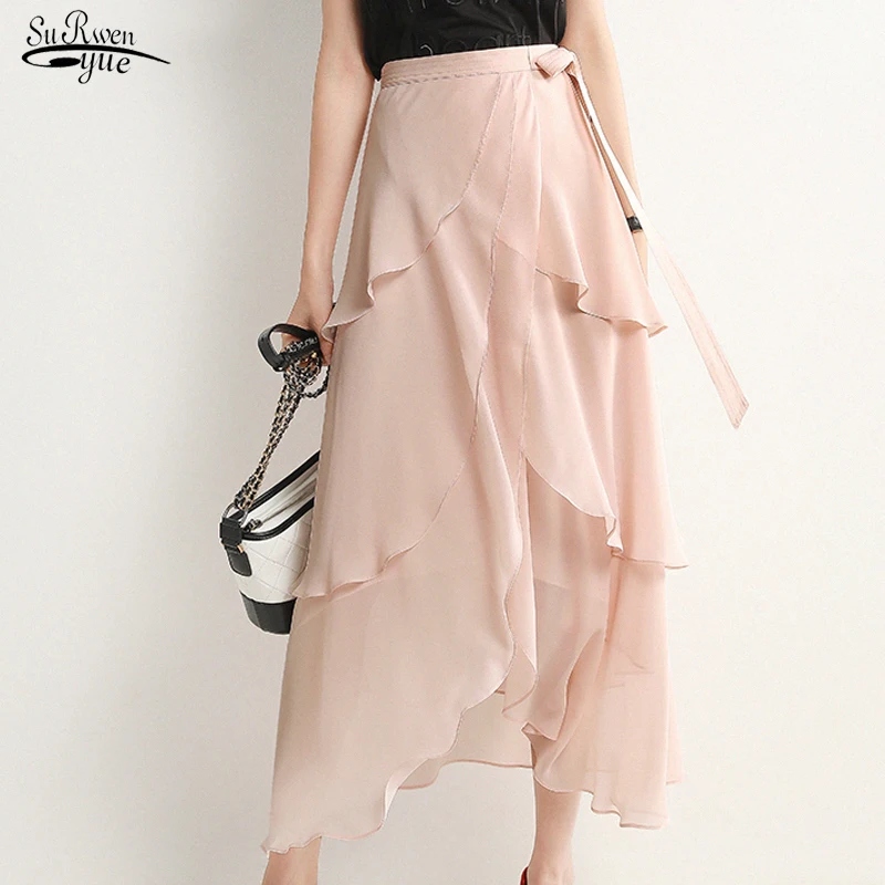 

Casual Chic High Waist Fairy Chiffon Skirt Summer Fashion Irregular Slim Skirt Women Elegant Office Lady Bow Ruffle Skirt 21795