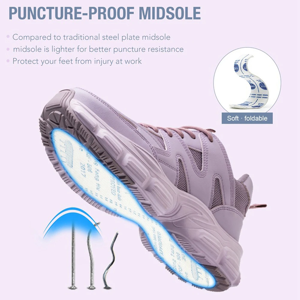 Women Industrial Protective Shoes Lightweight Safety Shoe Non-Slip Puncture Proof Steel Toe Work Shoes Breathable Comfortable