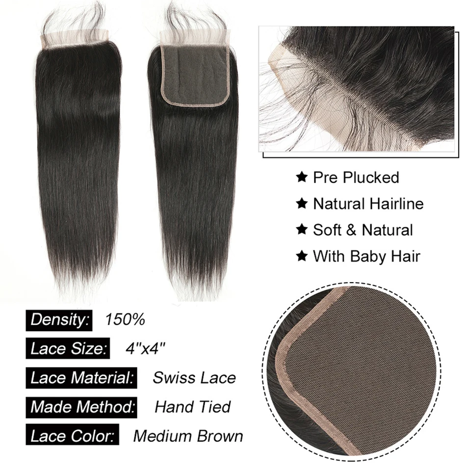 Long Straight Human Hair Bundles Malaysian Weaving with Cosure 4x4 Bone Straight Hair Bundles 1/3pc with Lace Closure