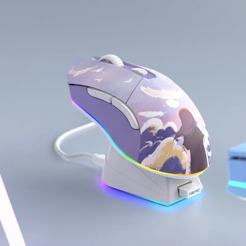 Mouse sem Fio Dream Encounter com Base de Carregamento para Menina Mouse Jogo com Luz Rgb Mouse Leve para Jogos 2.4g Em901 Roxo Novo - Imagem 4