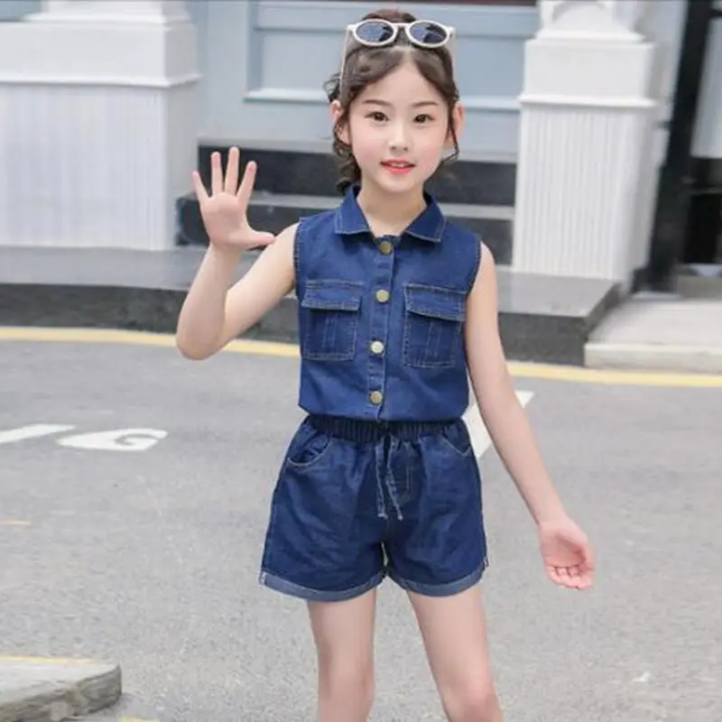 Girls Clothing Sets Summer Fashion Lapel Sleeveless Tops and Shorts Sets Teen Kids Clothes Suit Children Denim Girls Tracksuit