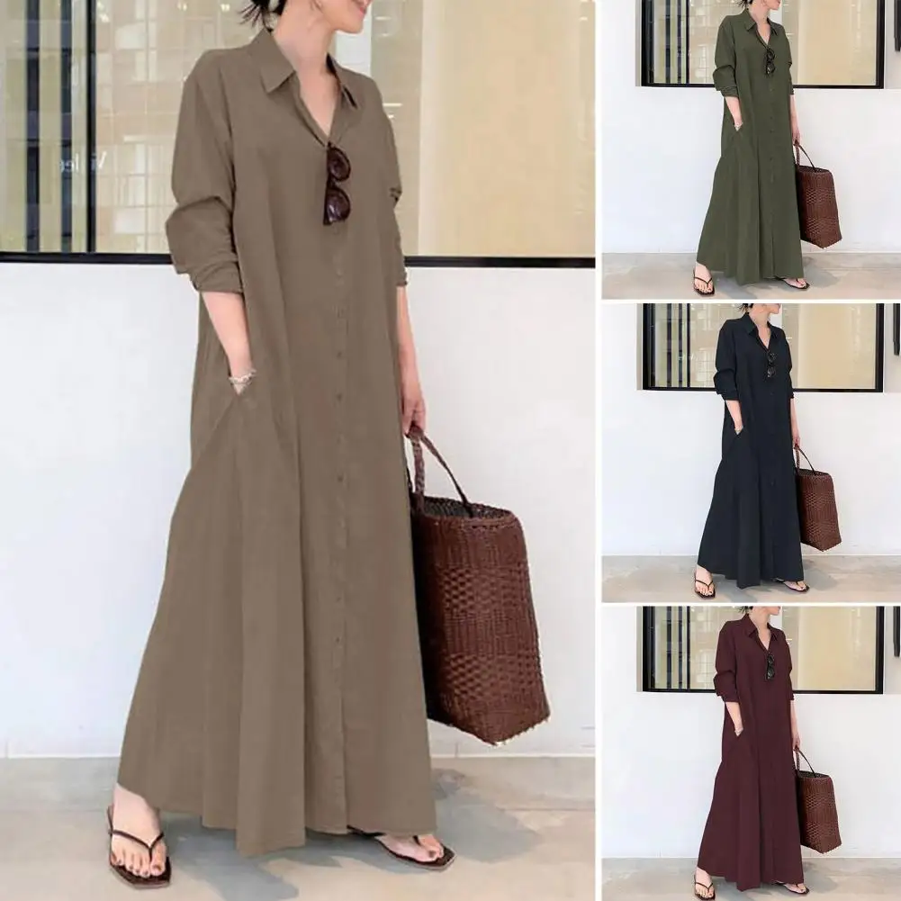 

Women Spring Dress Turn-down Collar Loose Single-breasted Long Sleeve Pure Color Buttons Pockets Shirt Type Ankle Length Fall Da