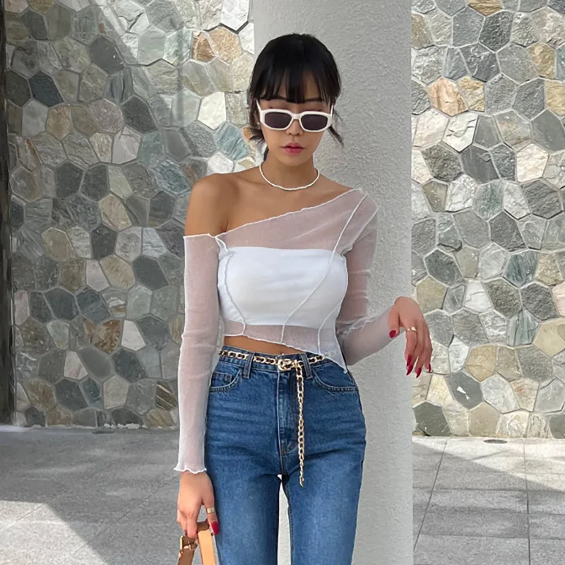 Top corto de un solo hombro con purpurina negra transparente, ajustado, liso, para mujer, top sexy de malla Y2K para fiesta, verano 2025