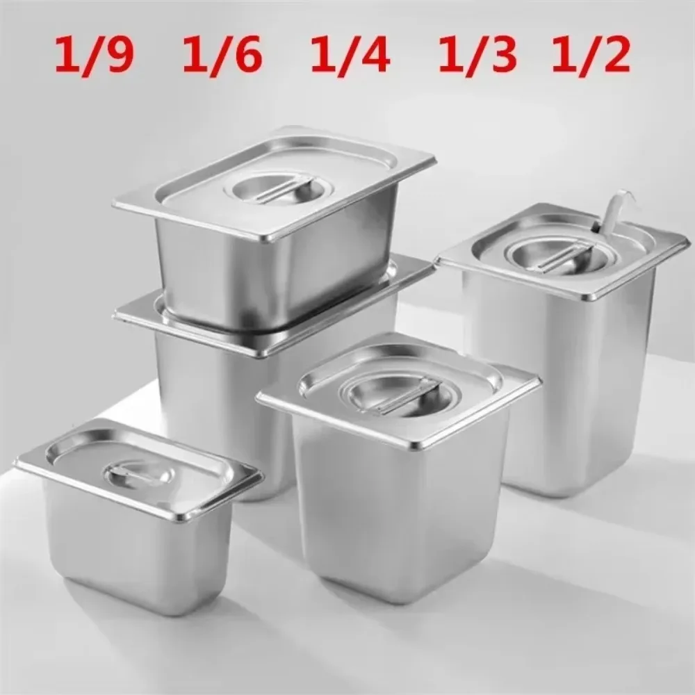 304 Stainless Steel 1/9 1/6 1/4 1/3 1/2 Food Pan Thickened Easy To Clean GN Pan Lid Rectangular Tray Basin Chafing et