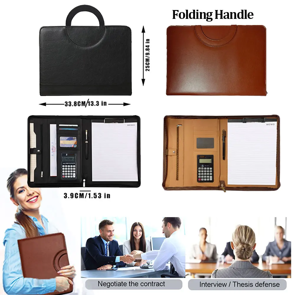 Free Custom letters A4 Business File Folder Portfolio Pu Leather Briefcase With Calculator Notebooks Office Document Organizer