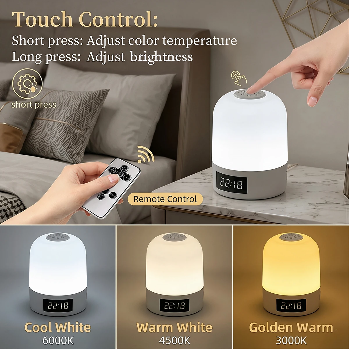 USB Rechargeable LED Night Light with Clock - Dimmable 3-Color Soft Glow and Remote Control