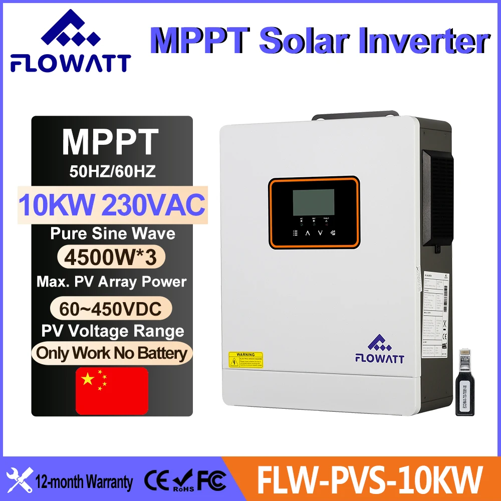 อินเวอร์เตอร์พลังงานแสงอาทิตย์ไฮบริด FLOWATT 10KW ทำงานได้โดยไม่ต้องใช้แบตเตอรี่ คลื่นไซน์บริสุทธิ์ แรงดันไฟฟ้าขาออก 220V รองรับแผงโซลาร์เซลล์สูงสุด 450VDC  รองรับการเชื่อมต่อแผงโซลาร์เซลล์คู่ พร้อม WIFI 1