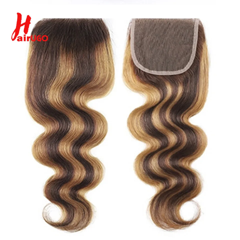 P4/27 4x4 Lace Closures Deep Wave Highlight Lace Closure Human Hair Closure With Baby Hair Remy Brazilian 10''-20'' HairUGo
