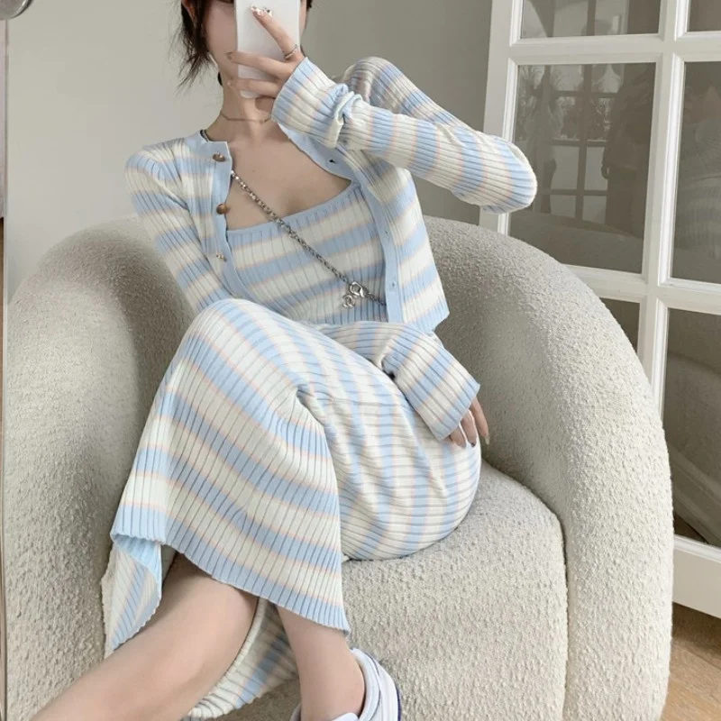 

Stripe Knitted Women Fashion Two Piece Set 2021 Autumn Long Sleeve Cardigan Tops And Sexy Sheath Sling Dress Elegant Suit Female