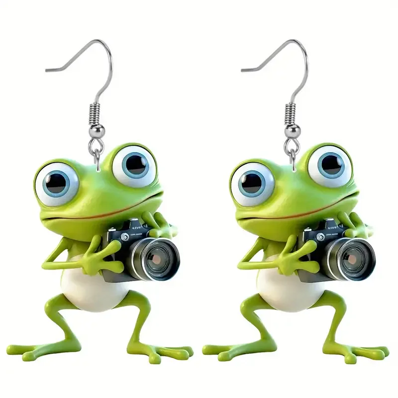 2D Flat Frog Acrylic Earrings Lovely Little Frog Holding A Camera Women Cute Dangle Party Holiday Jewelry Gift