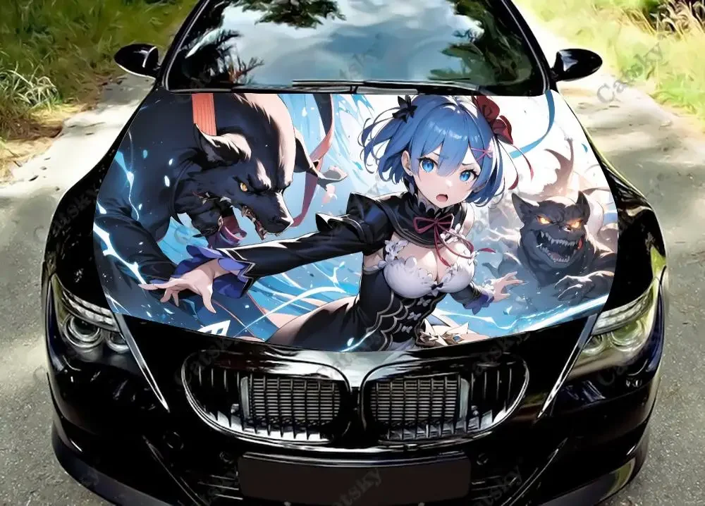 

Rem (Re Zero) Cute Anime Girl Car Hood Vinyl Stickers Wrap Vinyl Film Engine Cover Decals Sticker on Car Auto Accessories
