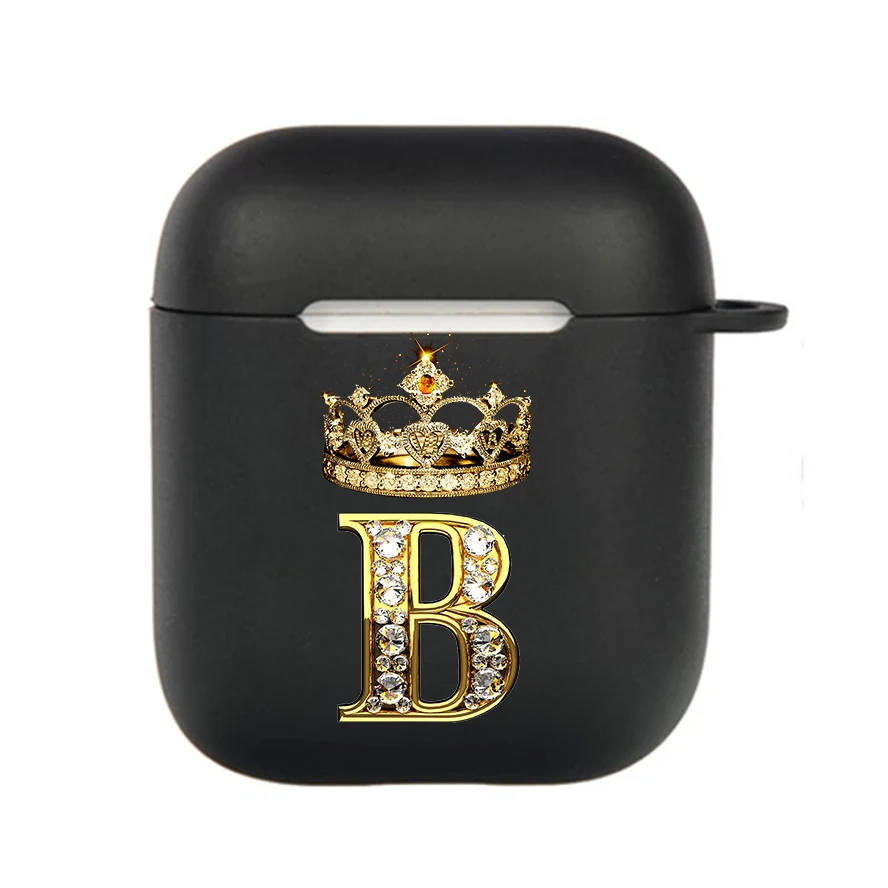 Diamond Crown Letter Hook Case - Black TPU Soft Earphone Cover