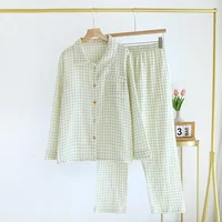 2026 Spring/Summer New Women's Sleepwear Long Set 100% Cotton Plaid Long Sleeve Long Pants Two Piece Set Collar Home Clothes - Image 3