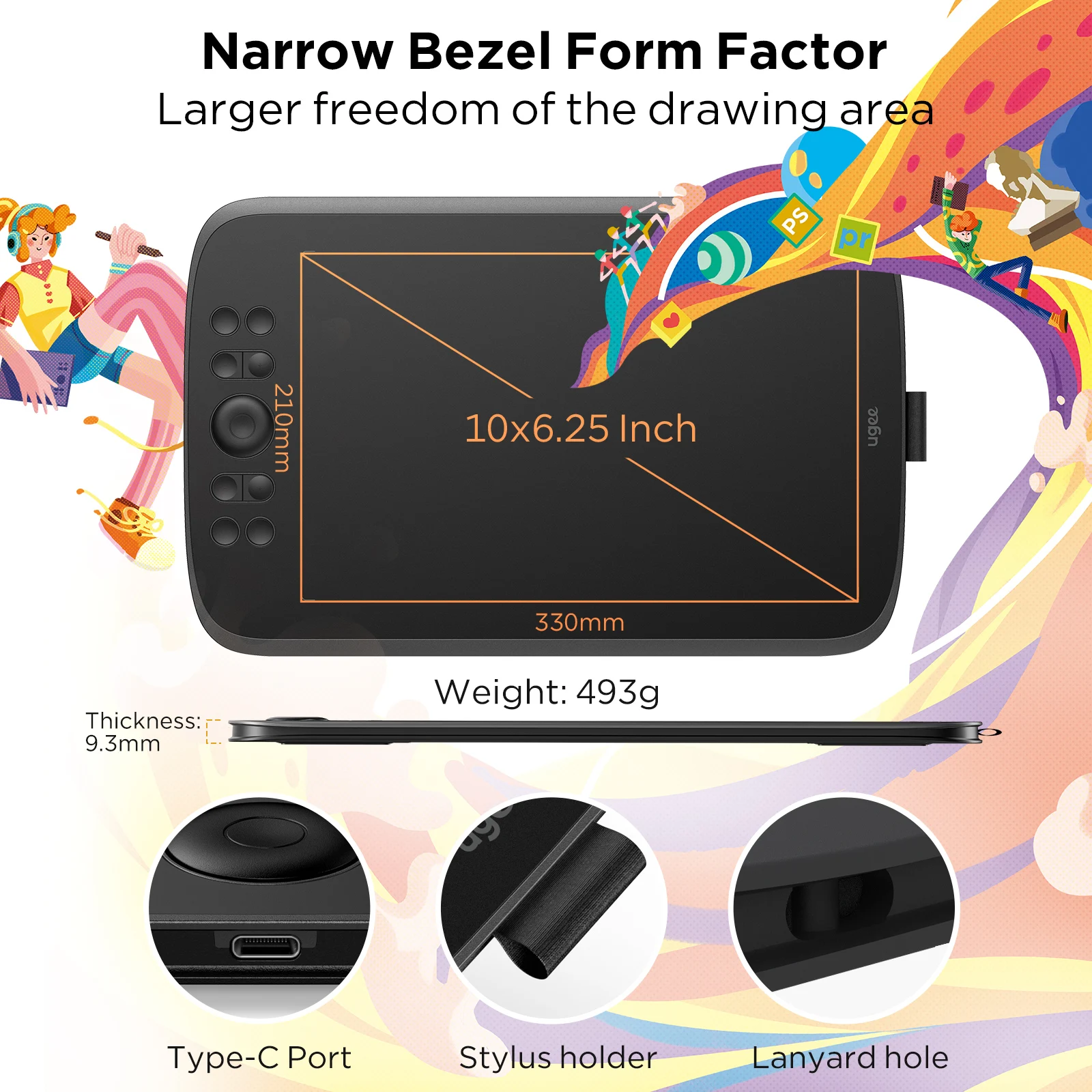 UGEE M908 그래픽 드로잉 태블릿, 10 인치 8 핫키 스크롤 휠, 16K 레벨 압력, 윈도우 맥 안드로이드와 호환 가능