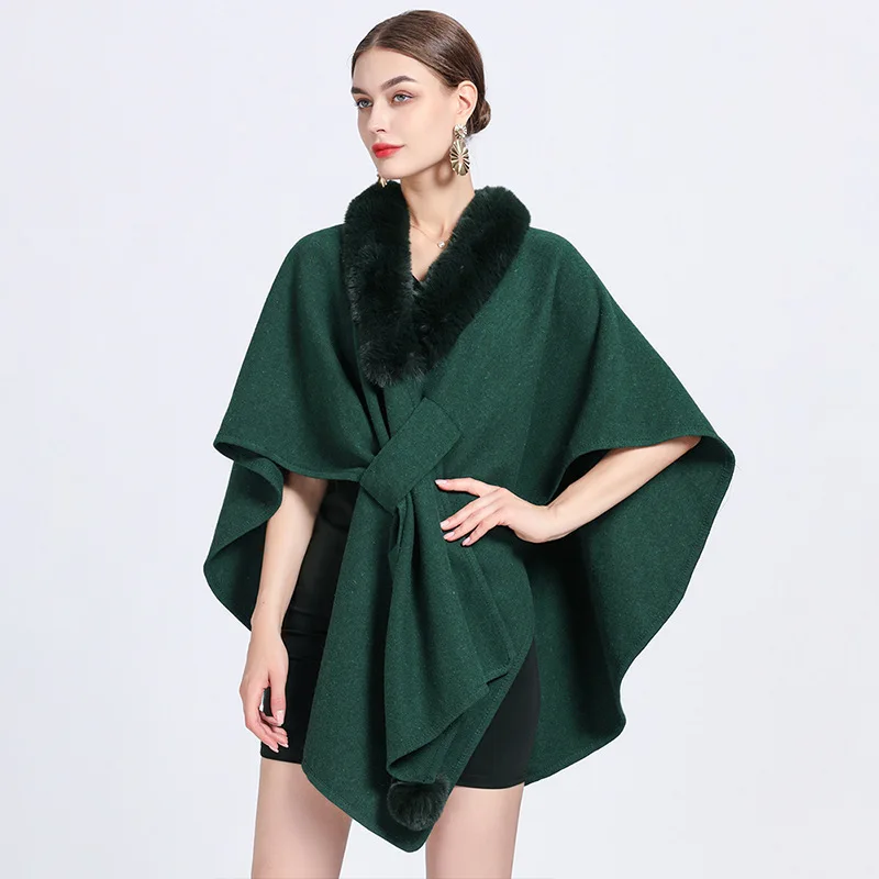 12 Winter Warm Fashion Poncho Cappa Women Imitation Rabbit Fur Batwing Sleeves Faux Cashmere Criss Cross Loose Cloak Shawl Coat