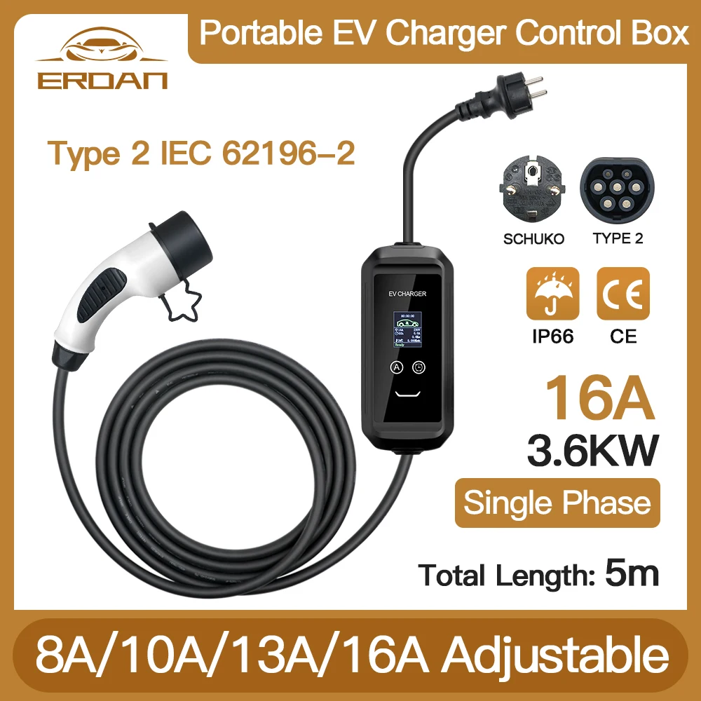Caricabatterie Ev Portatile Evse Wallbox Ricarica Corrente Regolabile Tipo2 Cavo 5M 16A 3.6Kw Con Spina Schuko Per Veicolo Elettrico