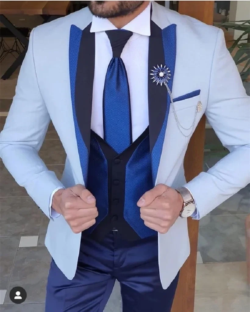 Light Blue Costume Homme Men Suit 3 Pieces Fashion Slim Fit Suit Groom Tuxedos Terno Wedding Blazer (Jacket+Pants+Vest)