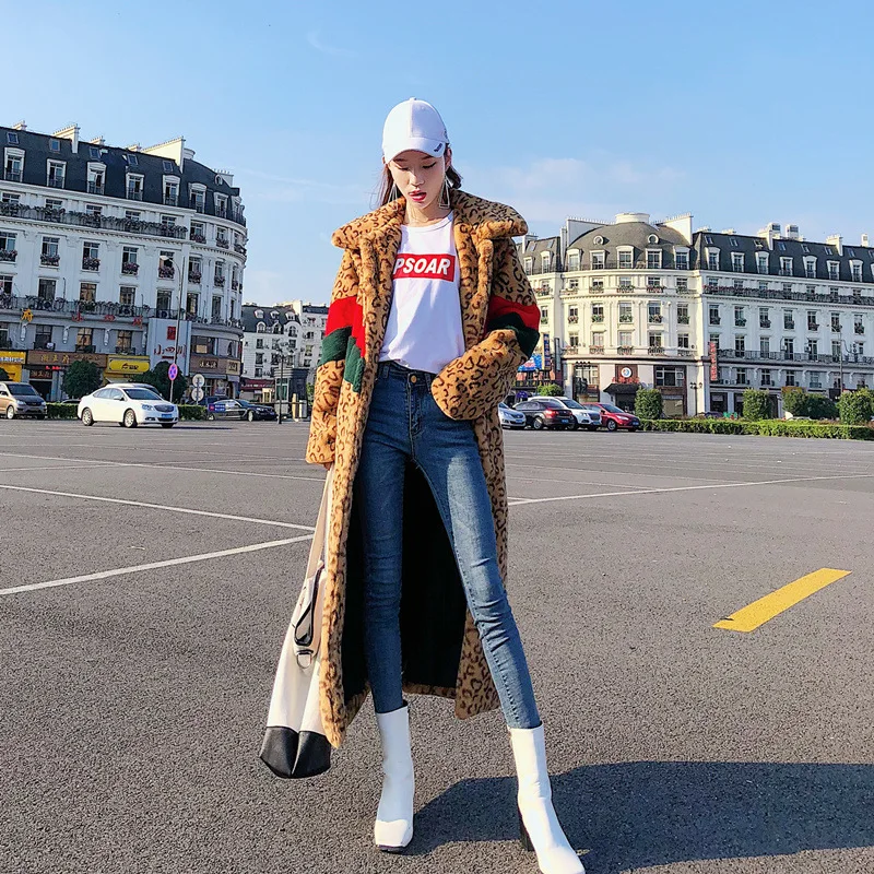 

New splicing long coat fur sexy leopard print coat winter women's knee length new