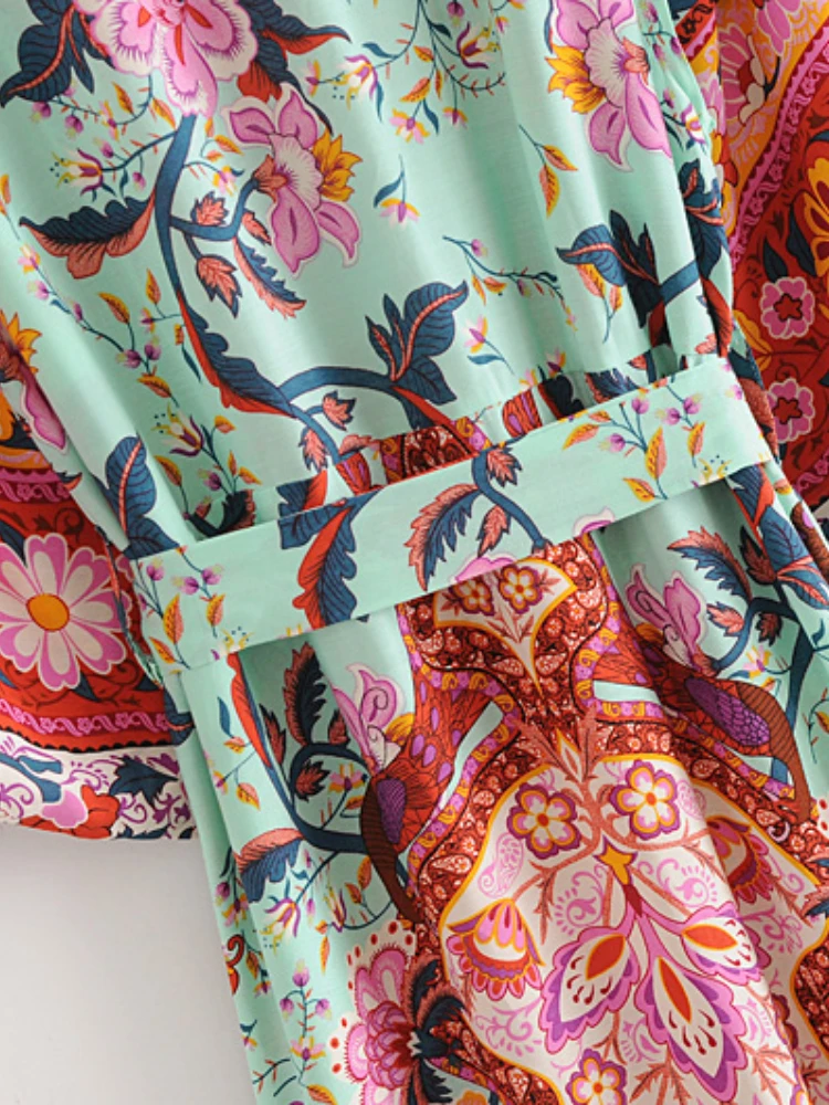 Beach Cover Boho Women Peacock Print Bat Sleeve Kimono Robe