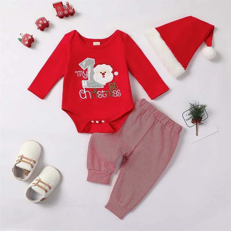 

0-18M Infant Baby Girls Boys Christmas Outfit Long Sleeve Embroidery Letters Romper + Striped Santa Claus Pants Hat Set