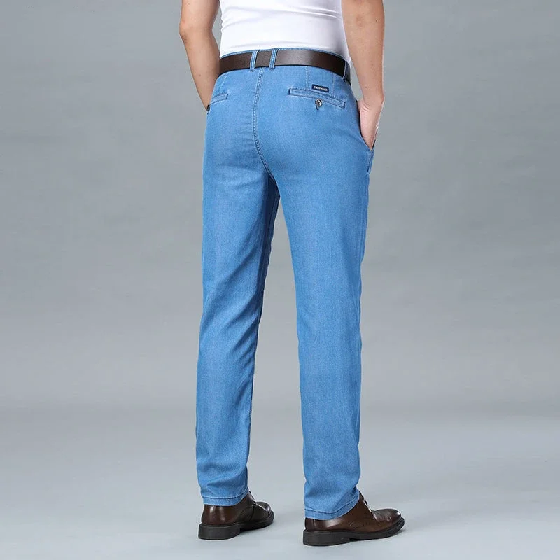 Summer Natural Lyocell Business Jeans Men Thin Classic Stretch Straight Office Denim Pants Male Brand Trousers Plus Size 40 42