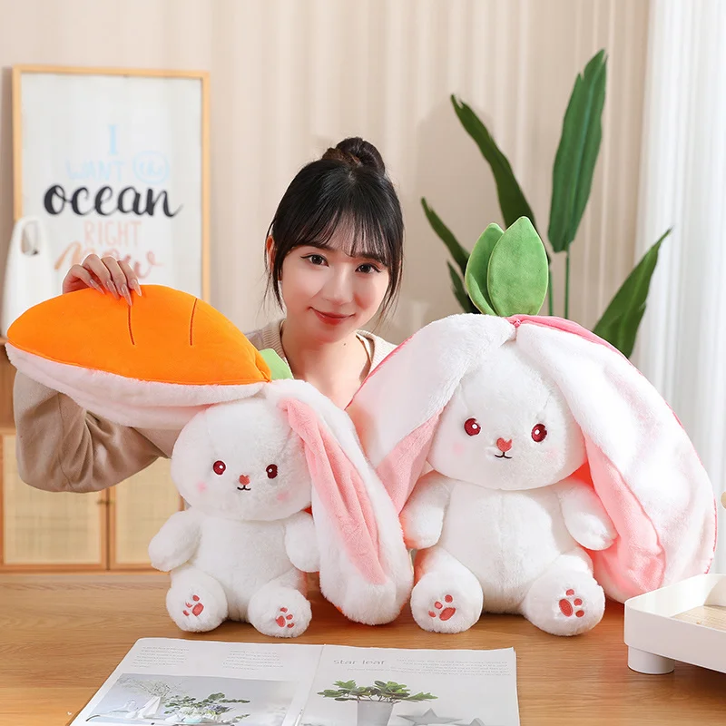 Funny Changeable Bunny Cute Pillow Plush Toys Stuffed Animal Rabbit Hiding in Carrot Strawberry Rabbit Doll Chair Cushion Gift