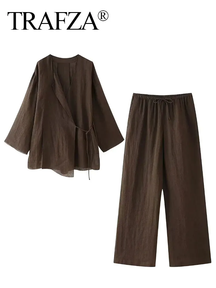 TRAFZA Pajama Style Pants Sets Women Fashion Kimono Style Lace Up Shirt Top Elastic Waist Trousers Women's Casual Outfits TRAF