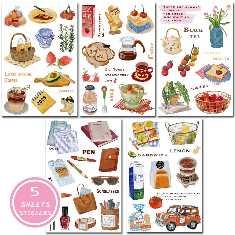 5 시트 일본 빈티지 일상 시리즈 수채화 스티커 Scrapbooking DIY 장식 전화 케이스 스티커